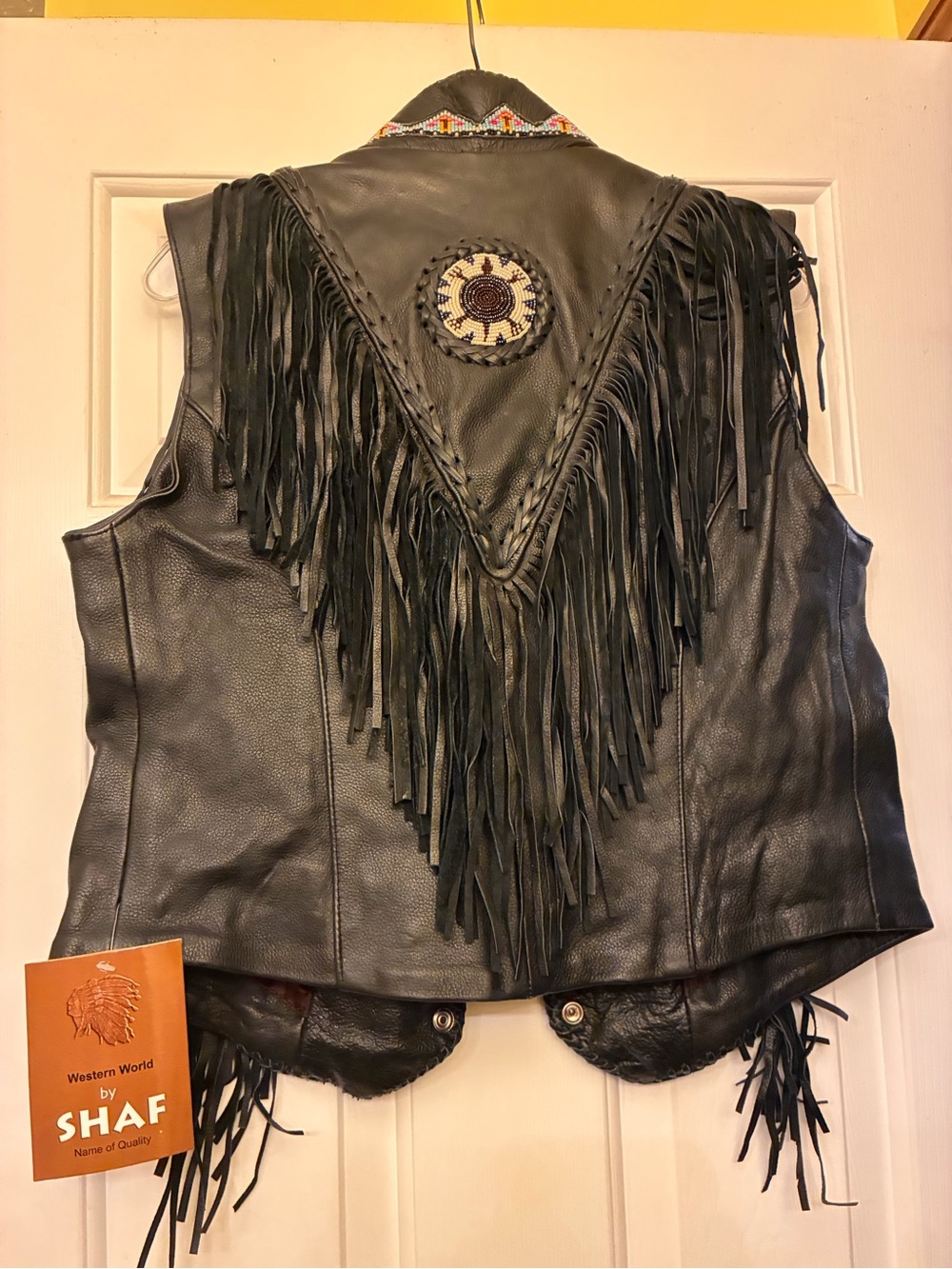 Western-Inspired Black Leather Fringe Vest with Beaded Accents, large, new - Picture 6 of 14